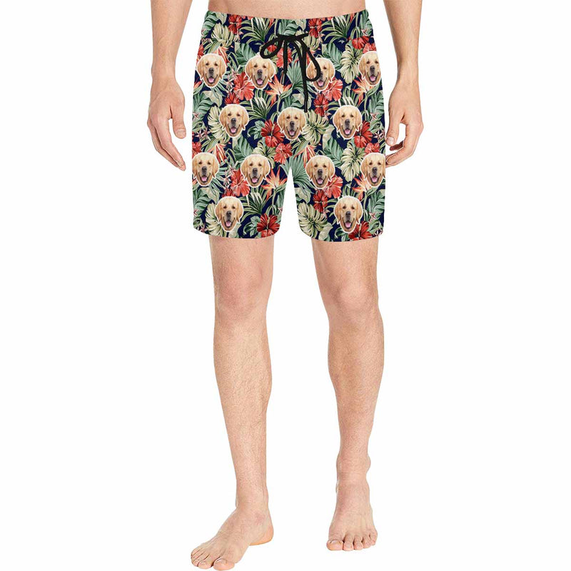 Custom Face Flower Leaves Palm Leaves Men's Mid-Length Swim Shorts - Deep Bule