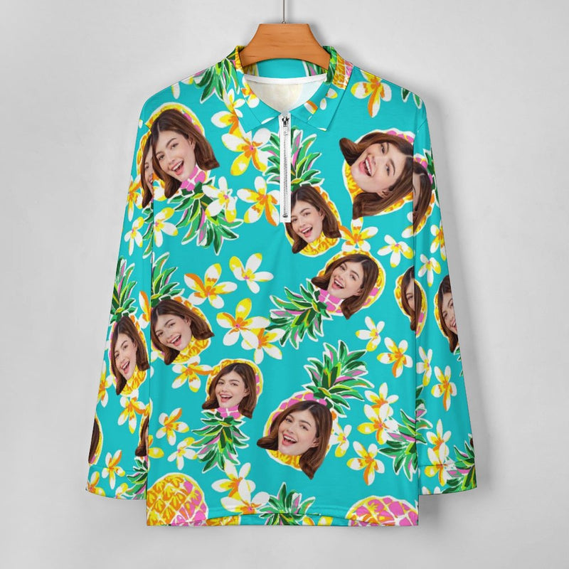 Custom Face Pineapple & Floral Pattern Men's Long Sleeve Quarter Zip Sports Golf Polo Shirt