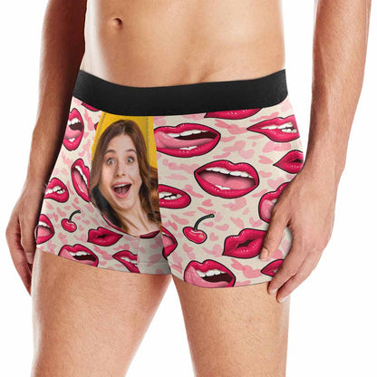 Custom Girlfriend Face Licking Lips Pattern Men's All Over Print Boxer Briefs Personalized Love Heart Underwear