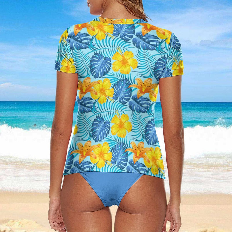 Custom Face Palm Leaves & Flowers Women's Short Sleeve Crop Top Rash Guard Tankini Swimsuit Set