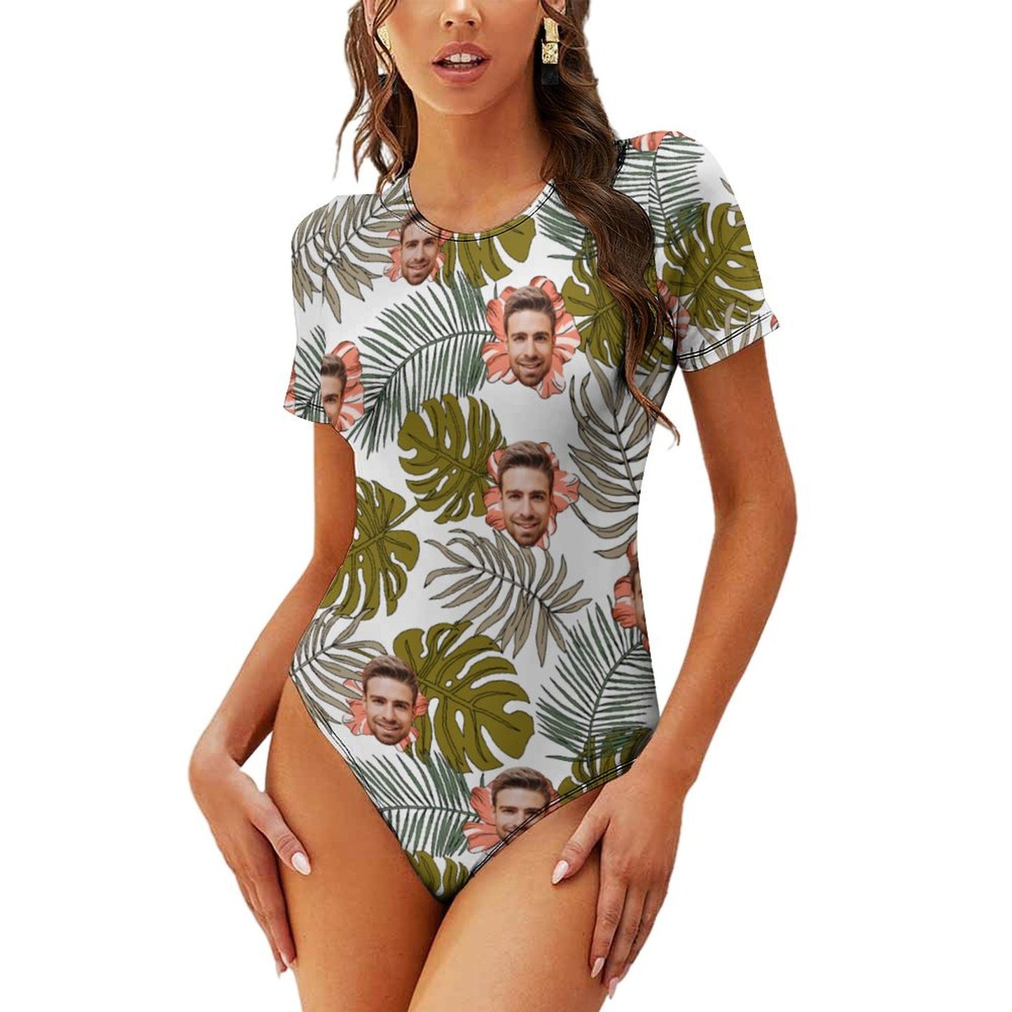 Custom Face Green Palm Leaves Women's Regular Crew Neck Short Sleeve T-Shirt Bodysuit