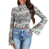 Custom Face Flower Basket Women's Bell Sleeve Top - White