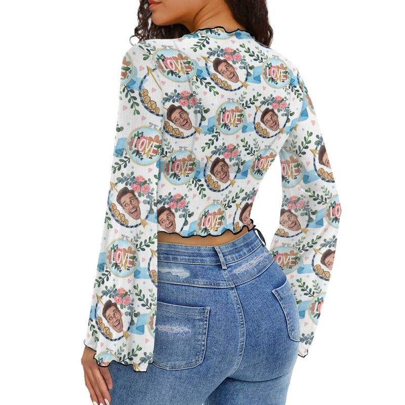 Custom Face Flower Basket Women's Bell Sleeve Top - White