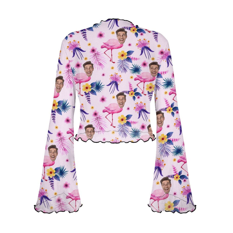 Custom Face Pink Flamingo Women's Bell Sleeve Top - White