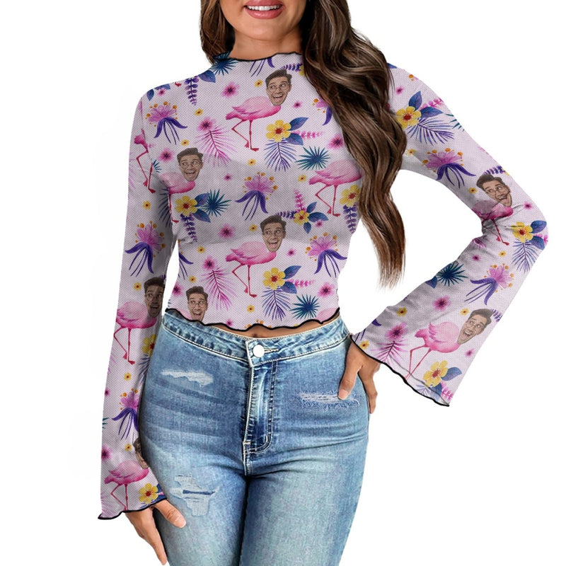 Custom Face Pink Flamingo Women's Bell Sleeve Top - White