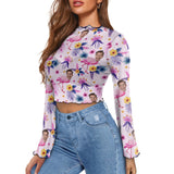 Custom Face Pink Flamingo Women's Bell Sleeve Top - White