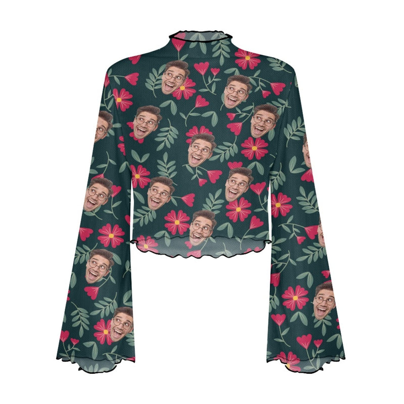 Custom Face Flower & Leaf Women's Bell Sleeve Top - Black