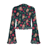 Custom Face Flower & Leaf Women's Bell Sleeve Top - Black