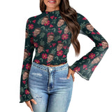 Custom Face Flower & Leaf Women's Bell Sleeve Top - Black