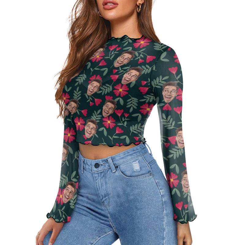 Custom Face Flower & Leaf Women's Bell Sleeve Top - Black