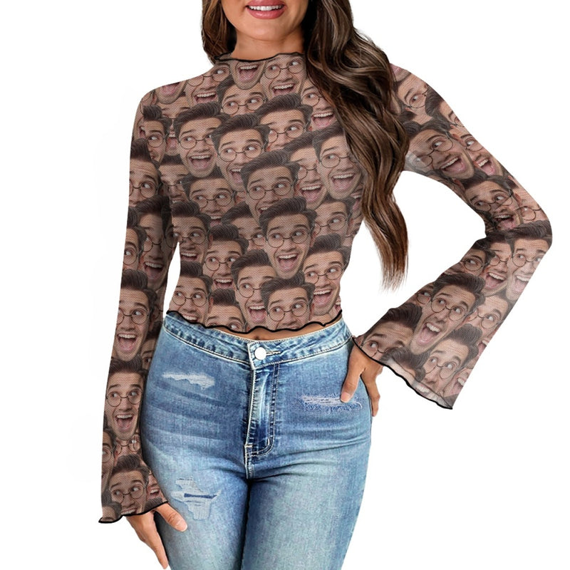 Custom Face Seamless Women's Bell Sleeve Top - Black