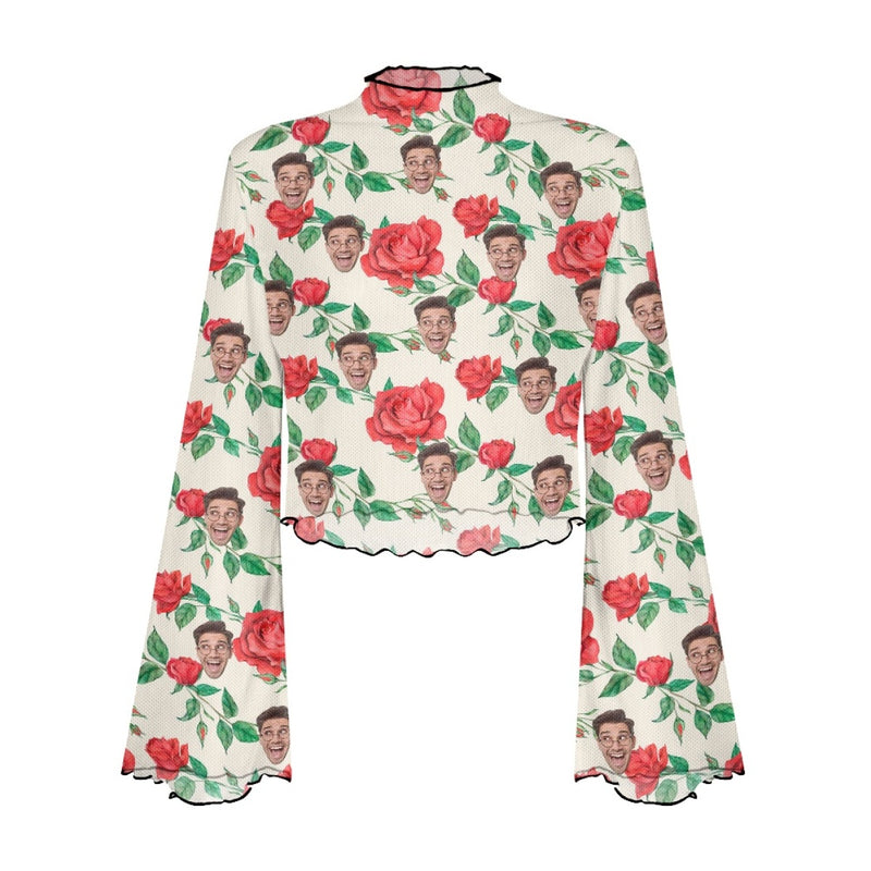 Custom Face Rose Pattern Women's Bell Sleeve Top - White