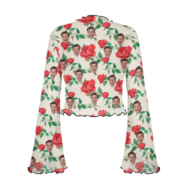 Custom Face Rose Pattern Women's Bell Sleeve Top - White