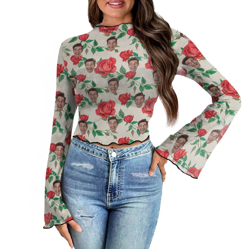 Custom Face Rose Pattern Women's Bell Sleeve Top - White