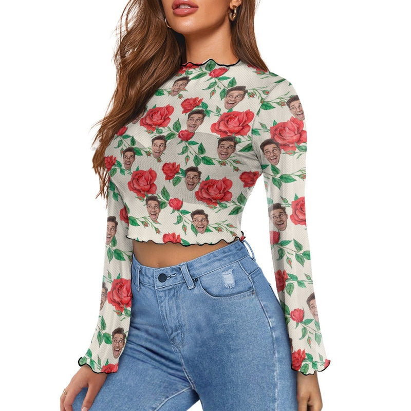 Custom Face Rose Pattern Women's Bell Sleeve Top - White