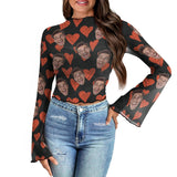 Custom Face Hand Drawn Love Pattern Women's Bell Sleeve Top - Black