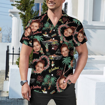 Custom Face Palm Trees and Aloha Black Men's Lapel Shirt Cuban Collar Hawaiian Shirt