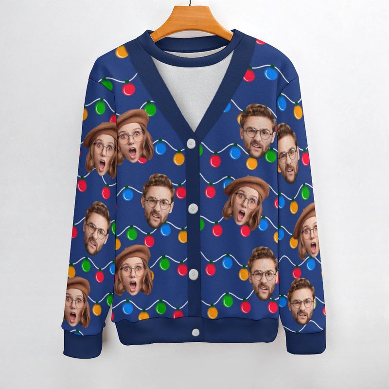 Custom Face Christmas Colored Lights Pattern Fake Cardigan Unisex Crew Neck Sweater