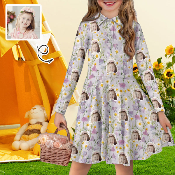 Custom Face Little Daisy Children's Long Sleeved Polo Shirt Dress