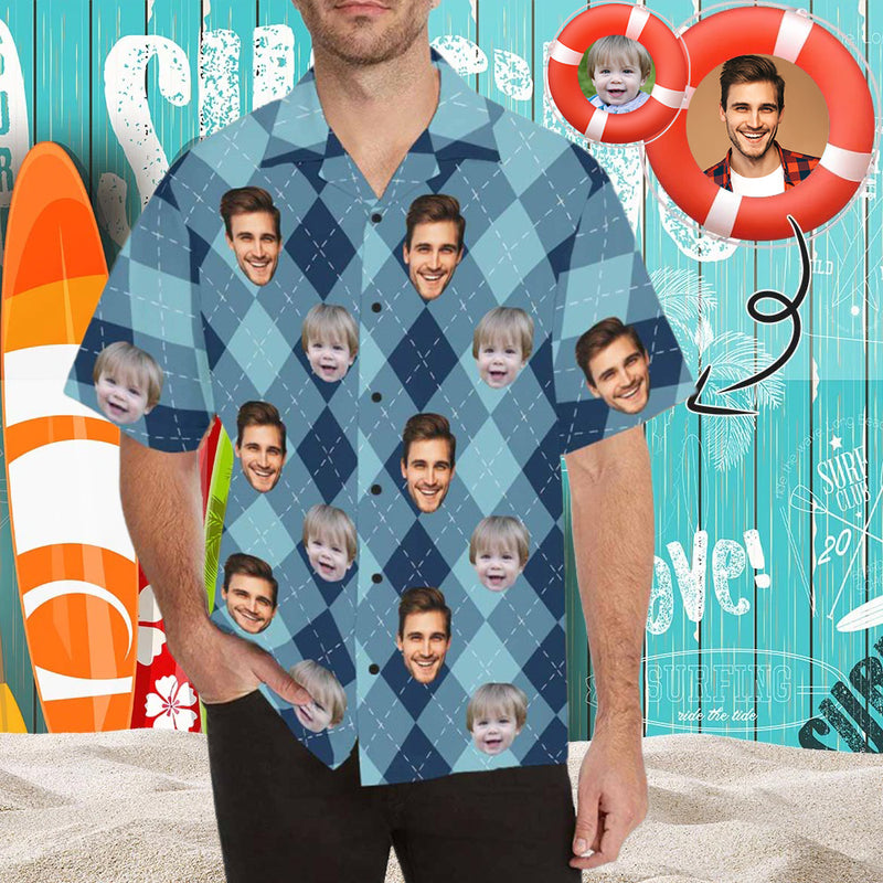 Custom Face Rhombus Grid Blue Men's All Over Print Hawaiian Shirt