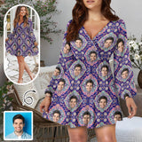 Custom Face Purple Outline Women's Deep V Neck Long Sleeve Tunic Loose Short Dress