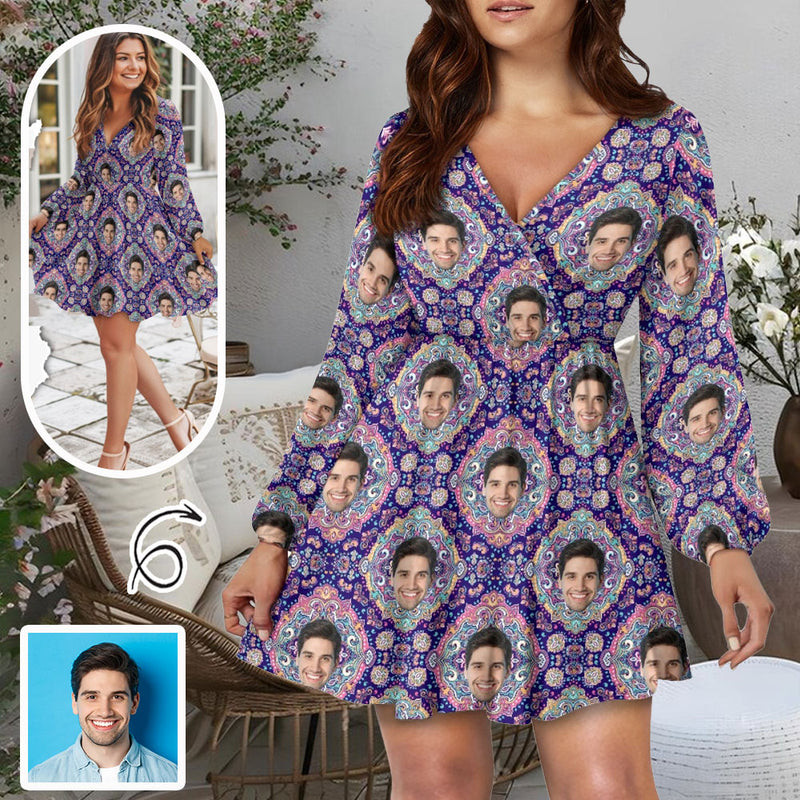 Custom Face Purple Outline Women's Deep V Neck Long Sleeve Tunic Loose Short Dress