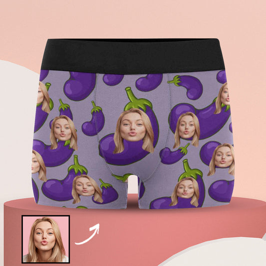 Custom Girlfriend Face Eggplant Pattern Men's All Over Print Boxer Briefs Personalized Underwear