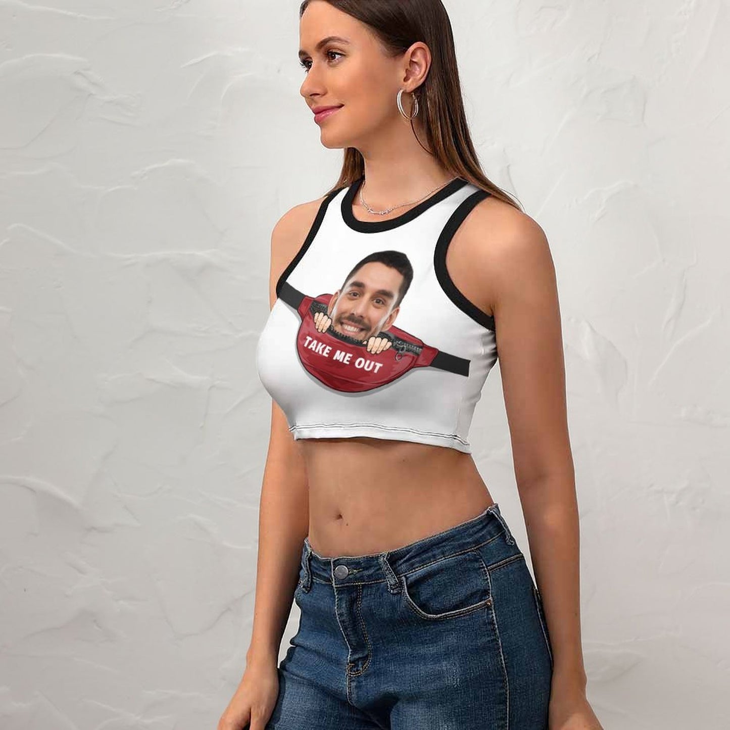 Custom Face Take Me Out from Pocket Women's Crop Top Tank Top - White