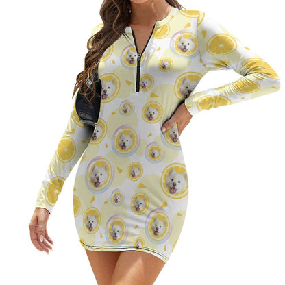 Custom Pet Face Lemon Women's Quarter Zip Long Sleeve Hip Covering Waist Short Dress