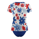 Custom Face Red & Blue Flowers Women's Short Sleeve Crop Top Rash Guard Tankini Swimsuit Set