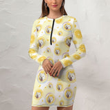Custom Pet Face Lemon Women's Quarter Zip Long Sleeve Hip Covering Waist Short Dress