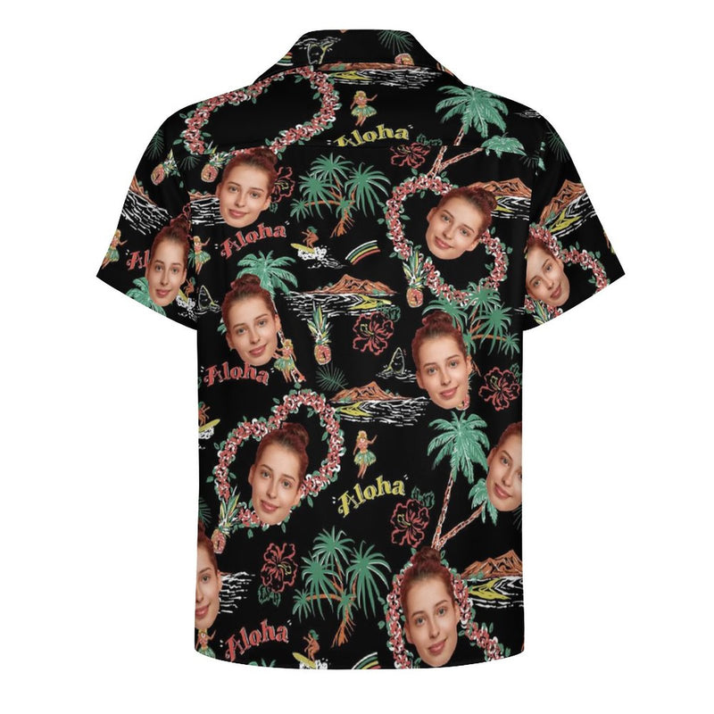 Custom Face Palm Trees and Aloha Black Men's Lapel Shirt Cuban Collar Hawaiian Shirt
