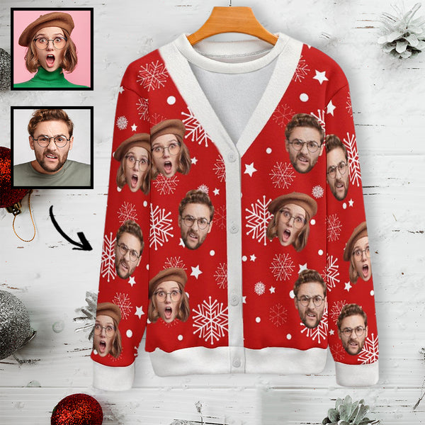 Custom Face Christmas Snowflake Pattern Fake Cardigan Unisex Crew Neck Sweater