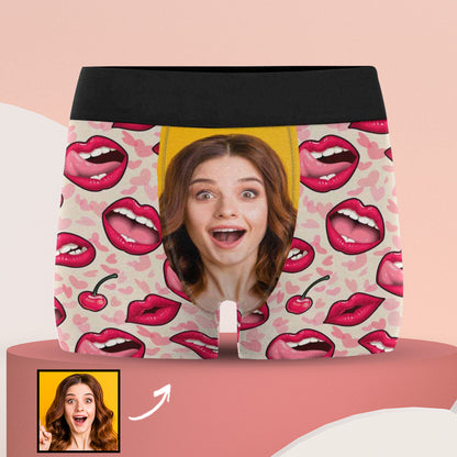 Custom Girlfriend Face Licking Lips Pattern Men's All Over Print Boxer Briefs Personalized Love Heart Underwear