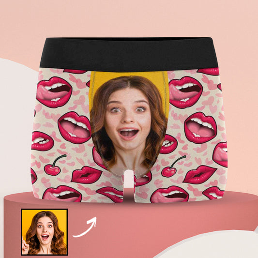 Custom Girlfriend Face Licking Lips Pattern Men's All Over Print Boxer Briefs Personalized Love Heart Underwear