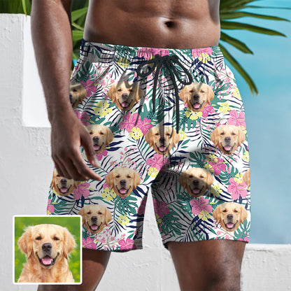 Custom Face Flower Leaves Palm Leaves Men's Mid-Length Swim Shorts - White