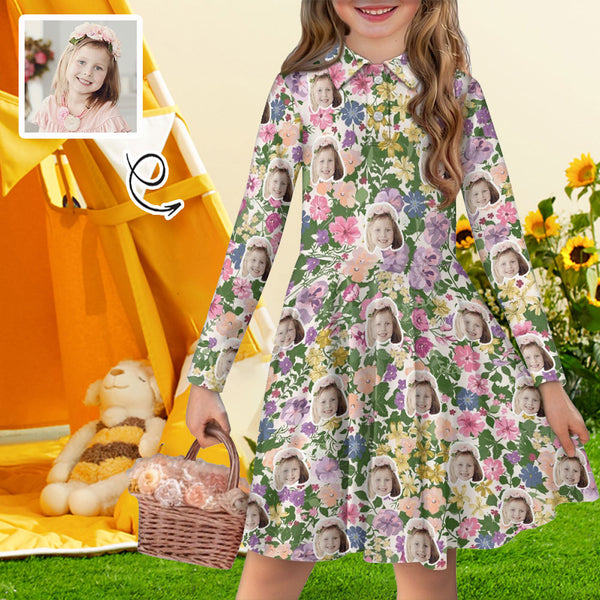 Custom Face Leaves & Flowers Children's Long Sleeved Polo Shirt Dress