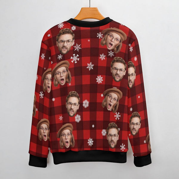 Custom Face Christmas Red Grid Pattern Fake Cardigan Unisex Crew Neck Sweater