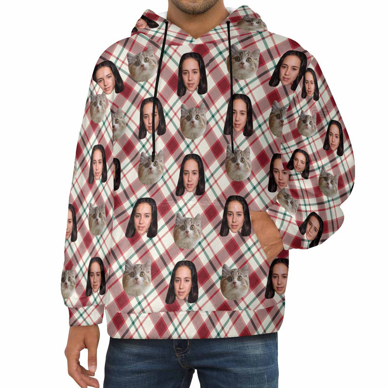 Custom Pet Face with Red Stripes Soft Flannel Hooded Sweatshirt Hoodie