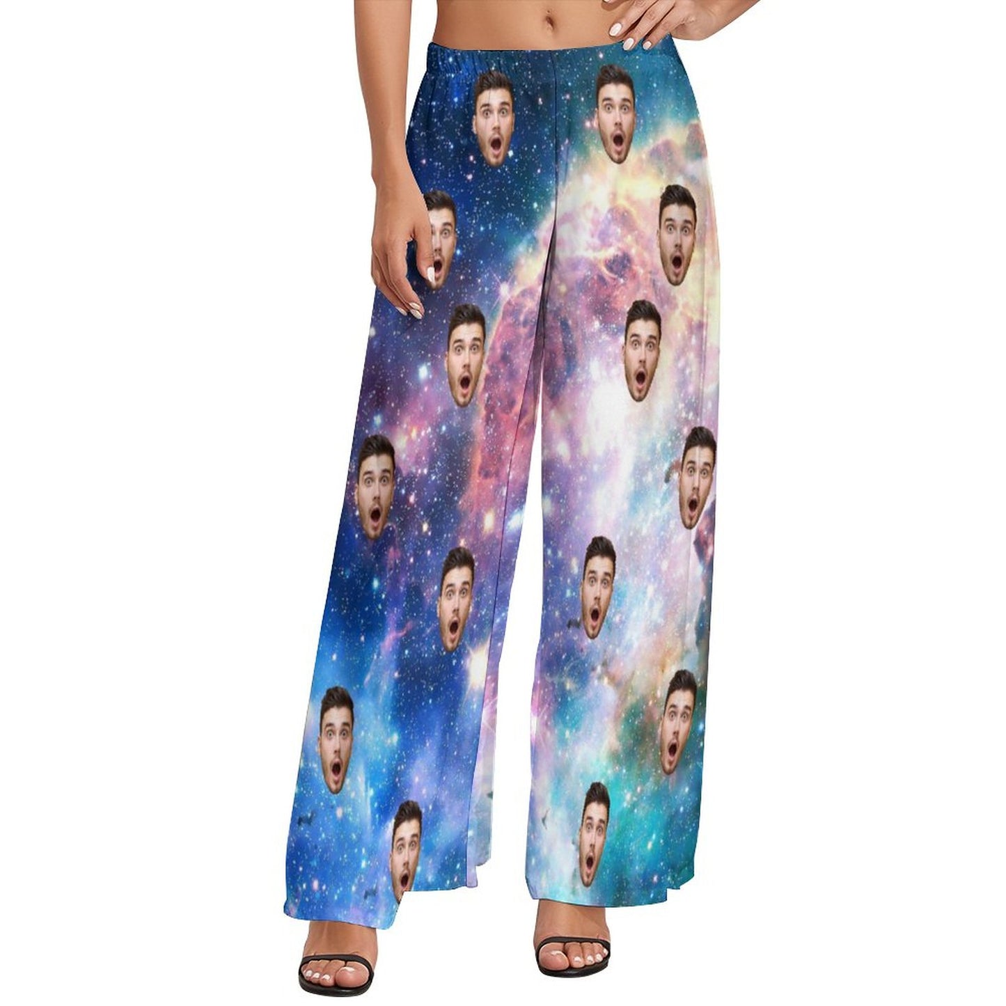 Custom Face Colorful Nebula Women's Wide Leg Pants - Blue