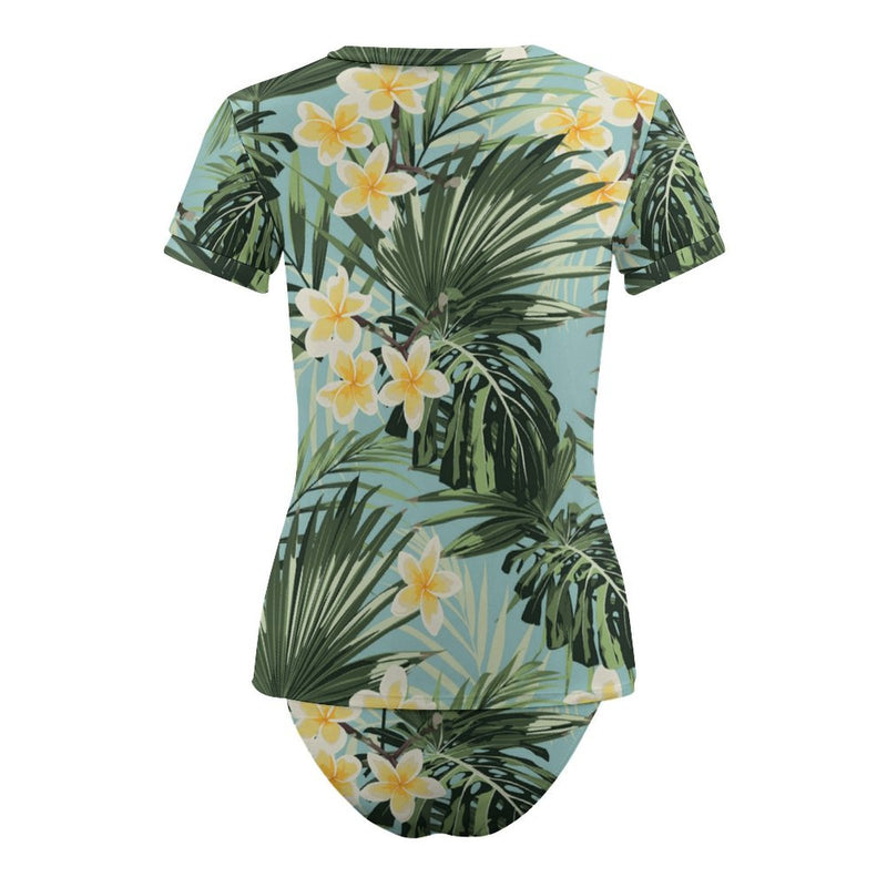 Custom Face Green Palm & Flowers Women's Short Sleeve Crop Top Rash Guard Tankini Swimsuit Set