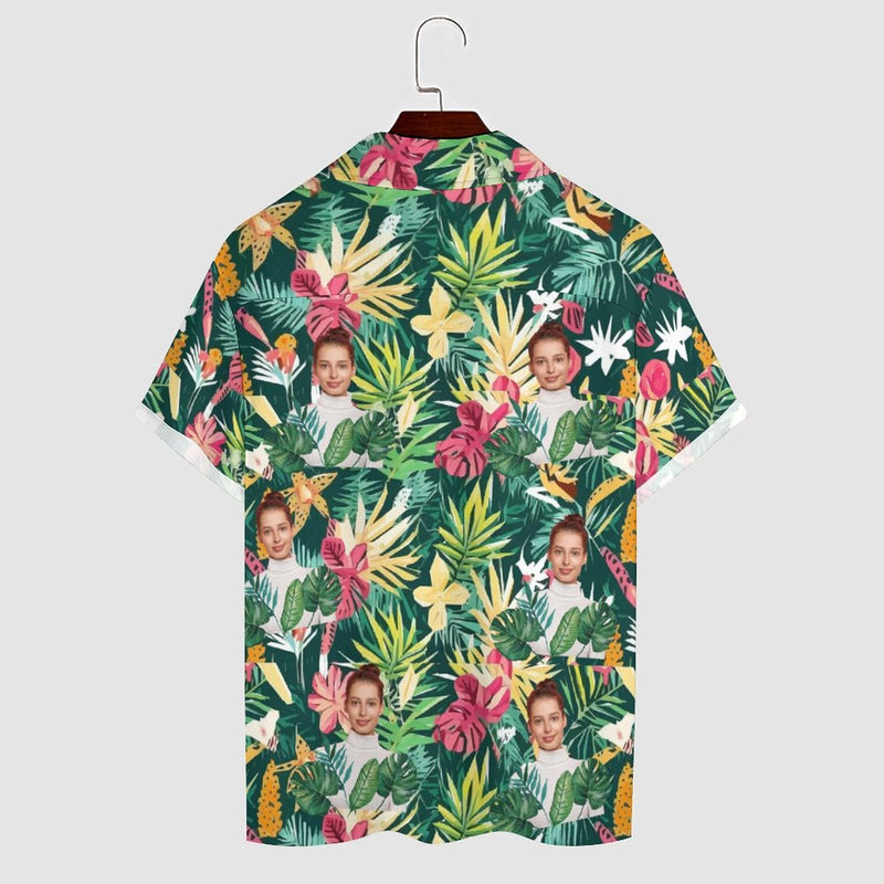 Custom Face Green Plants Men's Lapel Shirt Cuban Collar Hawaiian Shirt