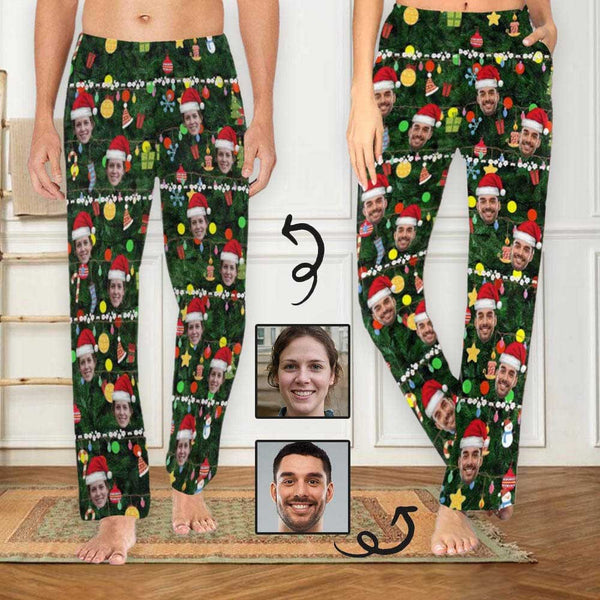 Custom Face Christmas Red Hat Tree Trinkets Sleepwear Personalized Women's&Men's Slumber Party Long Pajama Pants