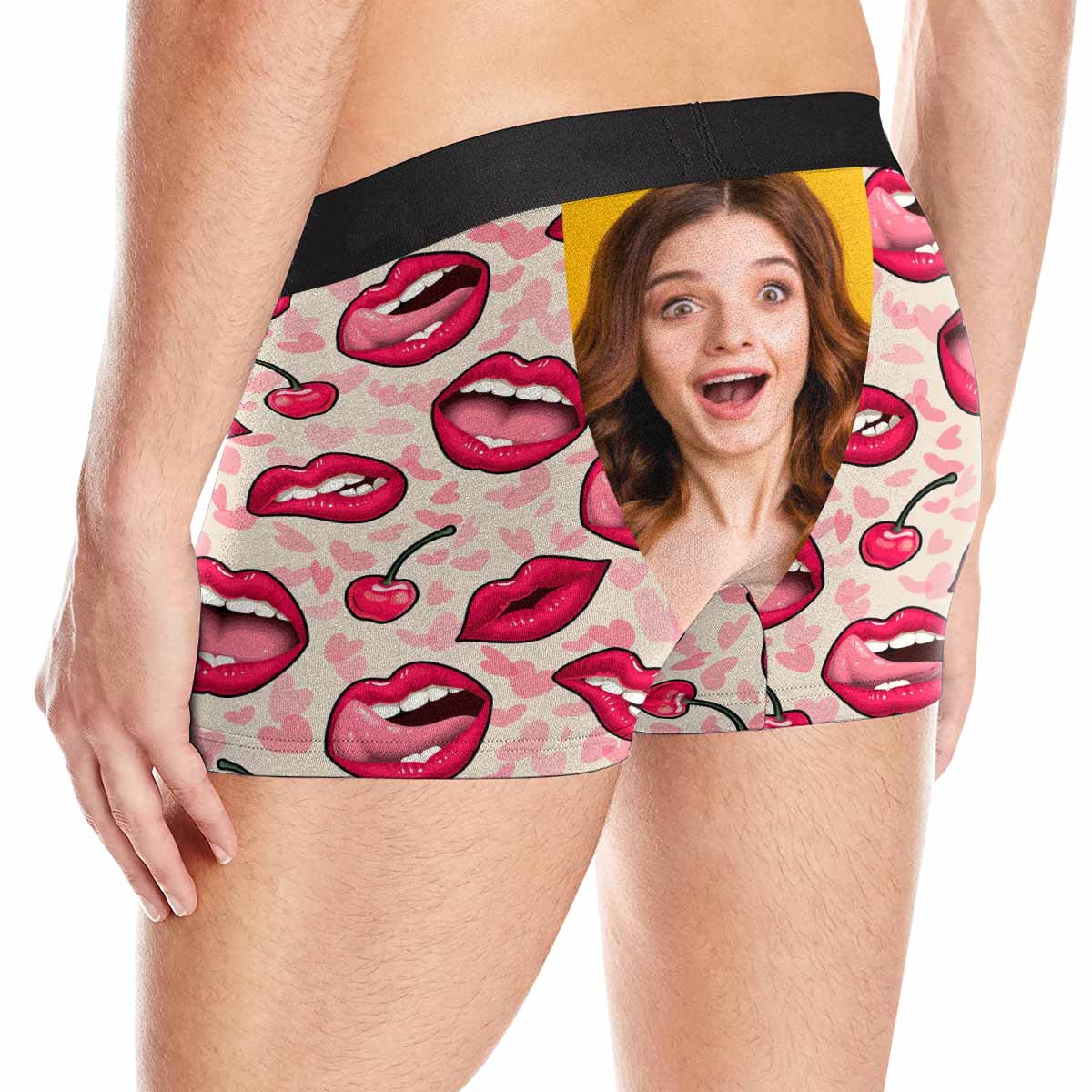 Custom Girlfriend Face Licking Lips Pattern Men's All Over Print Boxer Briefs Personalized Love Heart Underwear