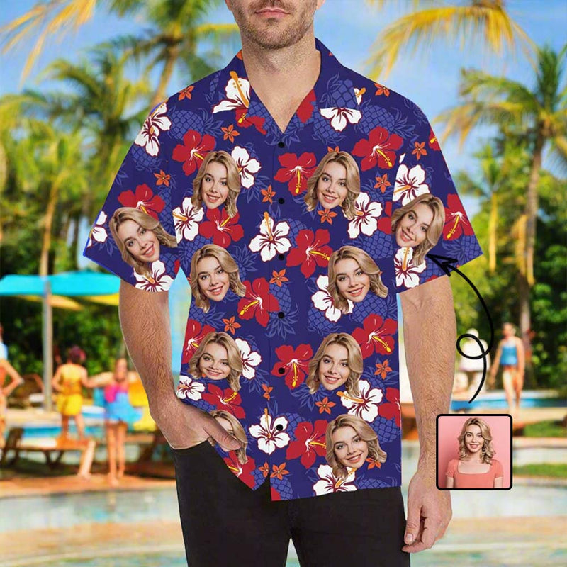 Custom Face Hawaiian Shirts for Men Short Sleeve Aloha Beach Shirt with Photo Tropical Palm Floral Casual Button Down Shirts