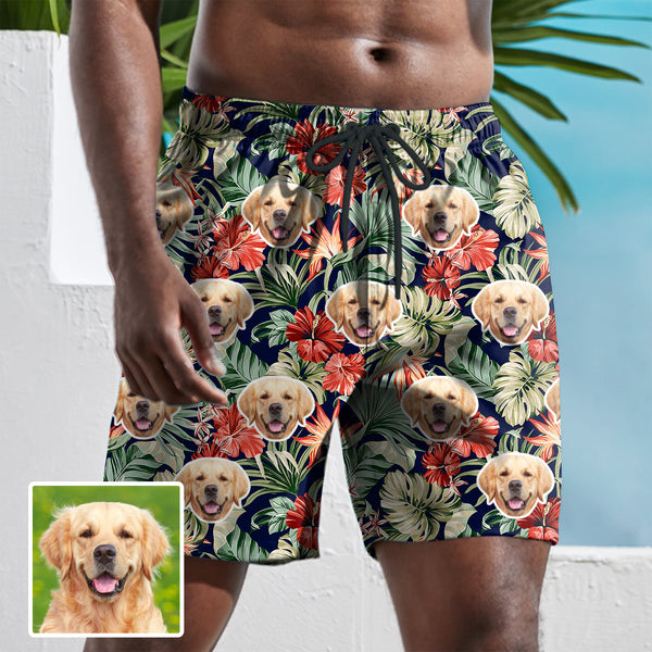 Custom Face Flower Leaves Palm Leaves Men's Mid-Length Swim Shorts - Deep Bule