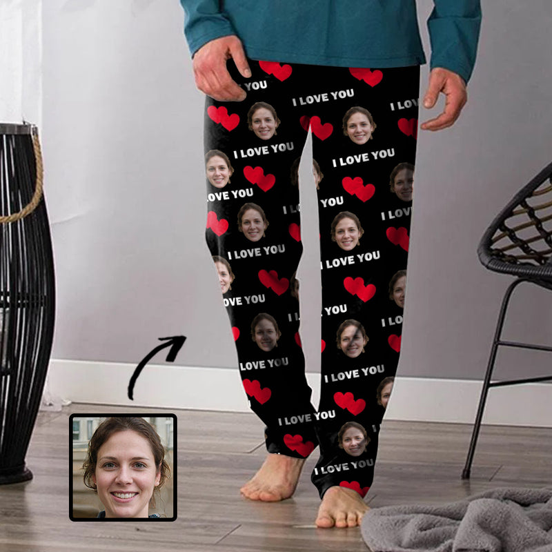 Custom Girlfriend Face Long Pajama Pants I Love You Personalized Men's Slumber Party Sleepwear