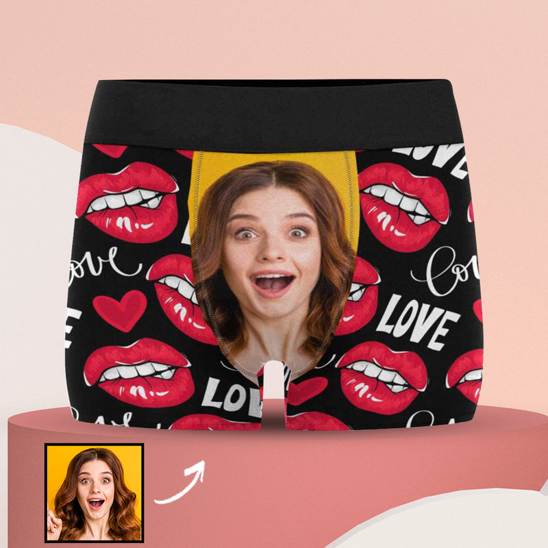 Custom Girlfriend Face Biting Lips Pattern Men's All Over Print Boxer Briefs Personalized Love Heart Underwear