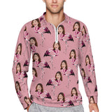 Custom Face Flamingo Pattern Men's Long Sleeve Quarter Zip Sports Golf Polo Shirt - Dark Pink