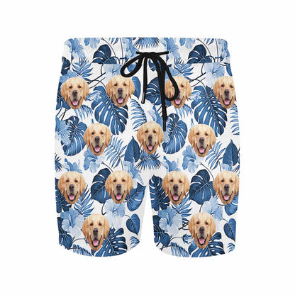 Custom Face Dark Blue Palm Leaves Men's Mid-Length Swim Shorts - White